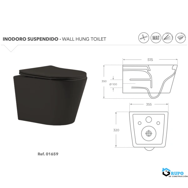 Pack inodoro suspendido con tapa extra-plana (sin cisterna)Negro Mate SERIE BOLONIA