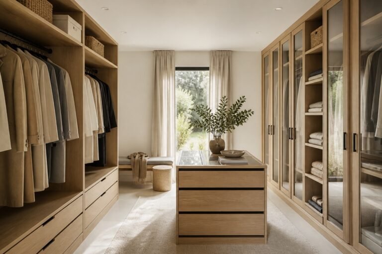 Vestidor a medida con armarios de madera y almacenamiento organizado