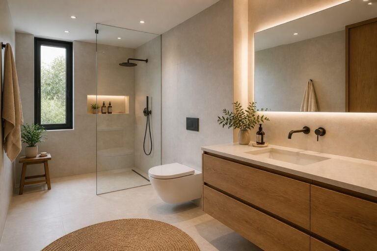 Baño contemporáneo con ducha, lavabo suspendido y tonos claros