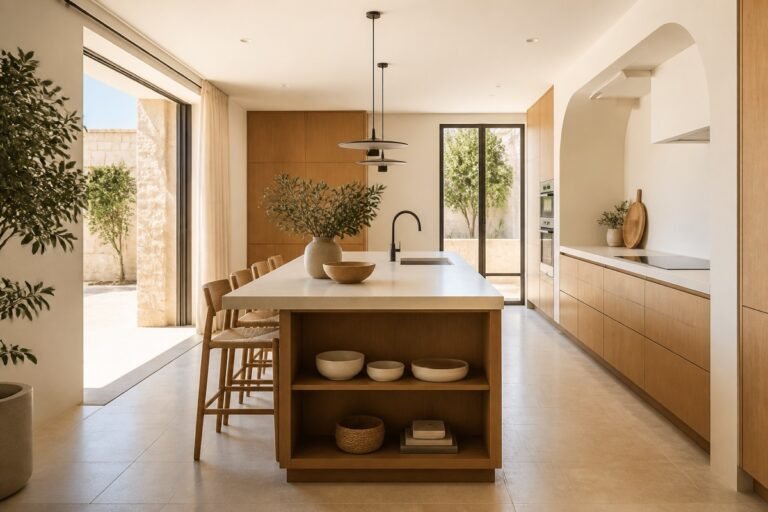 Cocina contemporánea con isla central y mobiliario de madera