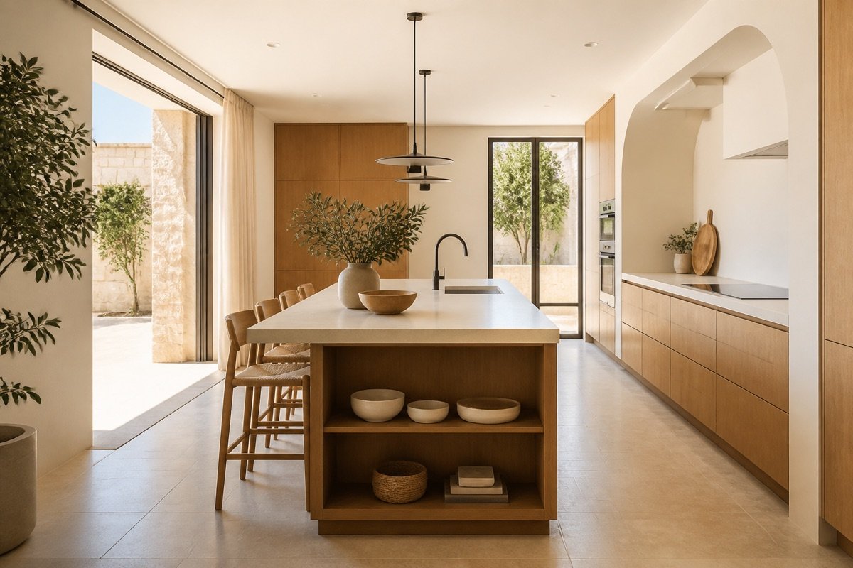 Cocina contemporánea terminada con instalaciones, mobiliario e iluminación coordinados