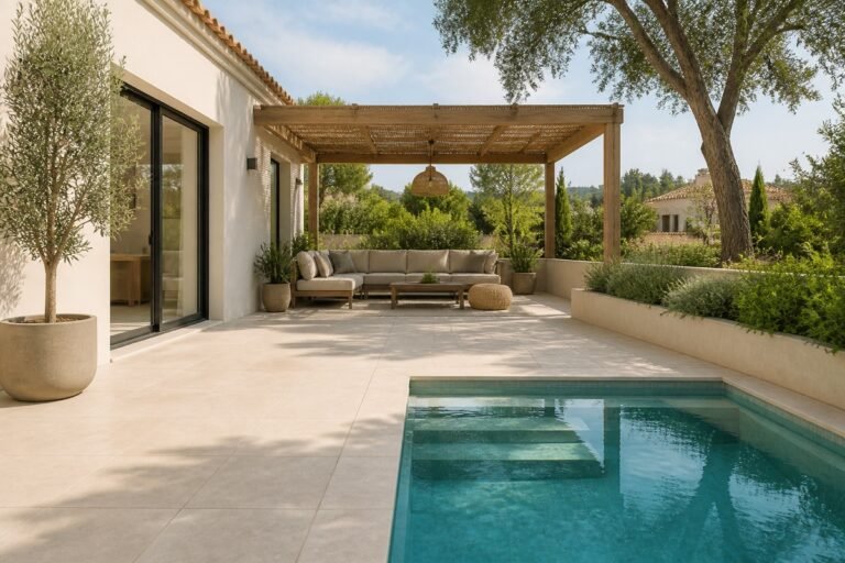 Piscina y terraza exterior con pavimento claro y pérgola de madera