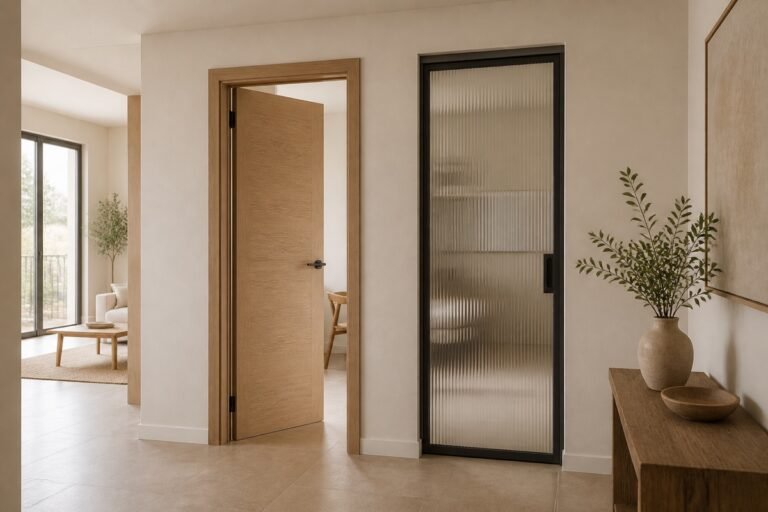 Interior profesional luminoso con carpintería de madera y vidrio