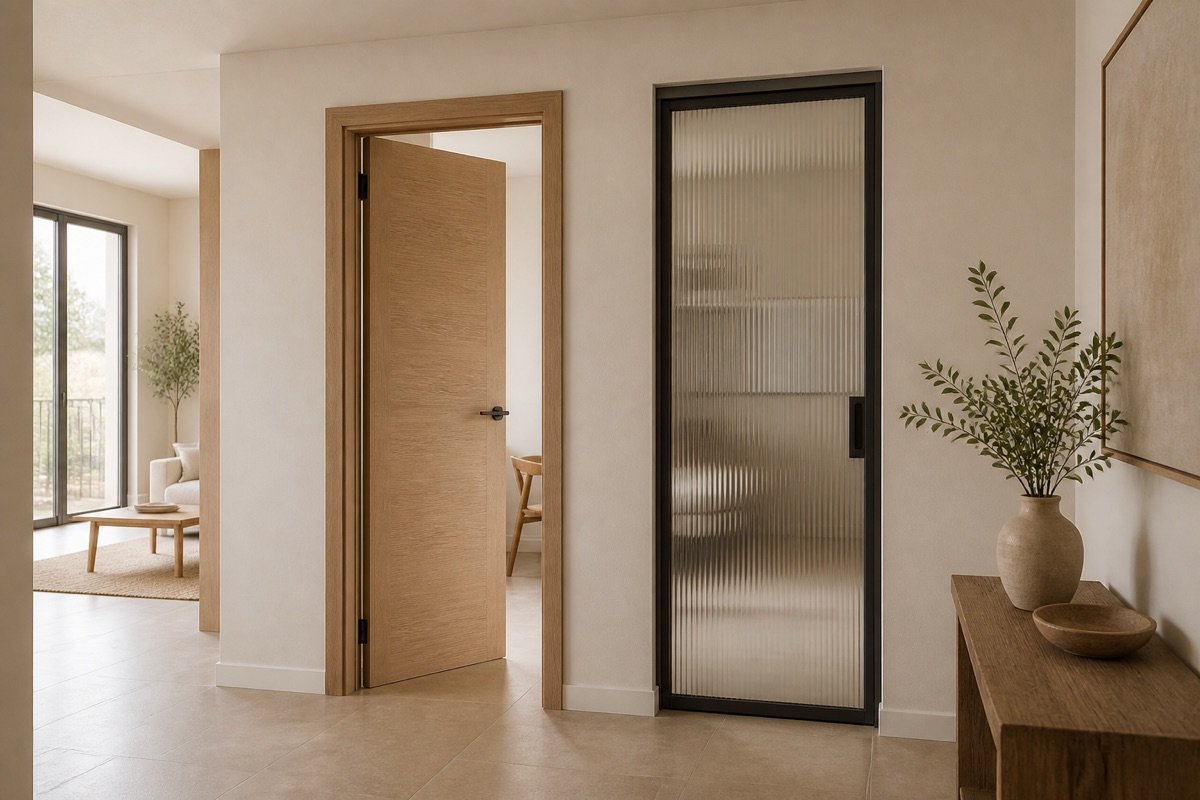 Interior profesional luminoso con carpintería de madera y vidrio