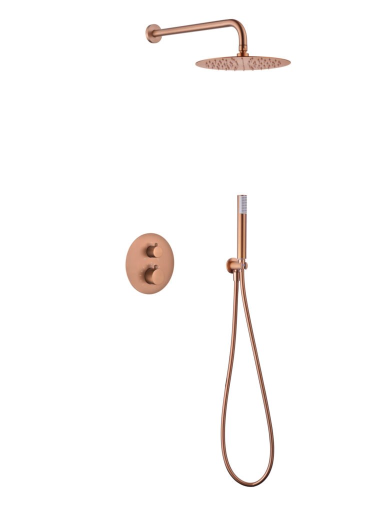 Conjunto de ducha termostático empotrado oro rosa cepillado serie Monza IMEX