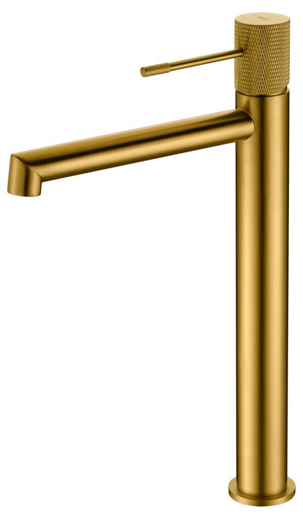 Monomando de lavabo caño alto oro cepillado serie Line IMEX