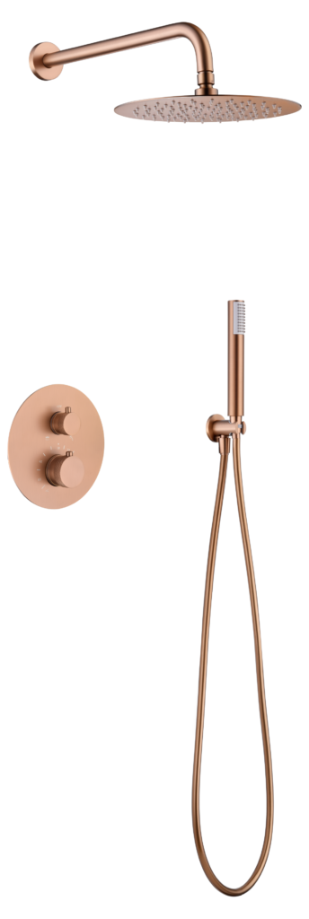 Conjunto de ducha termostática empotrado oro rosa cepillado serie Line IMEX