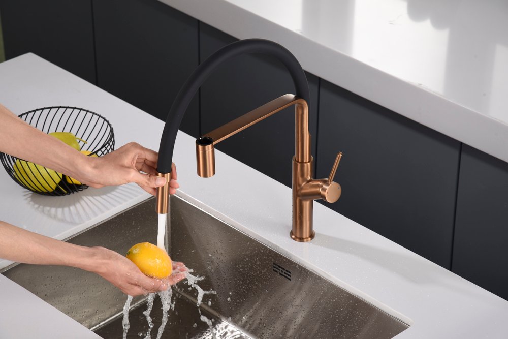 Grifería de cocina monomando flexible oro rosa cepillado serie Sena IMEX - Imagen 5