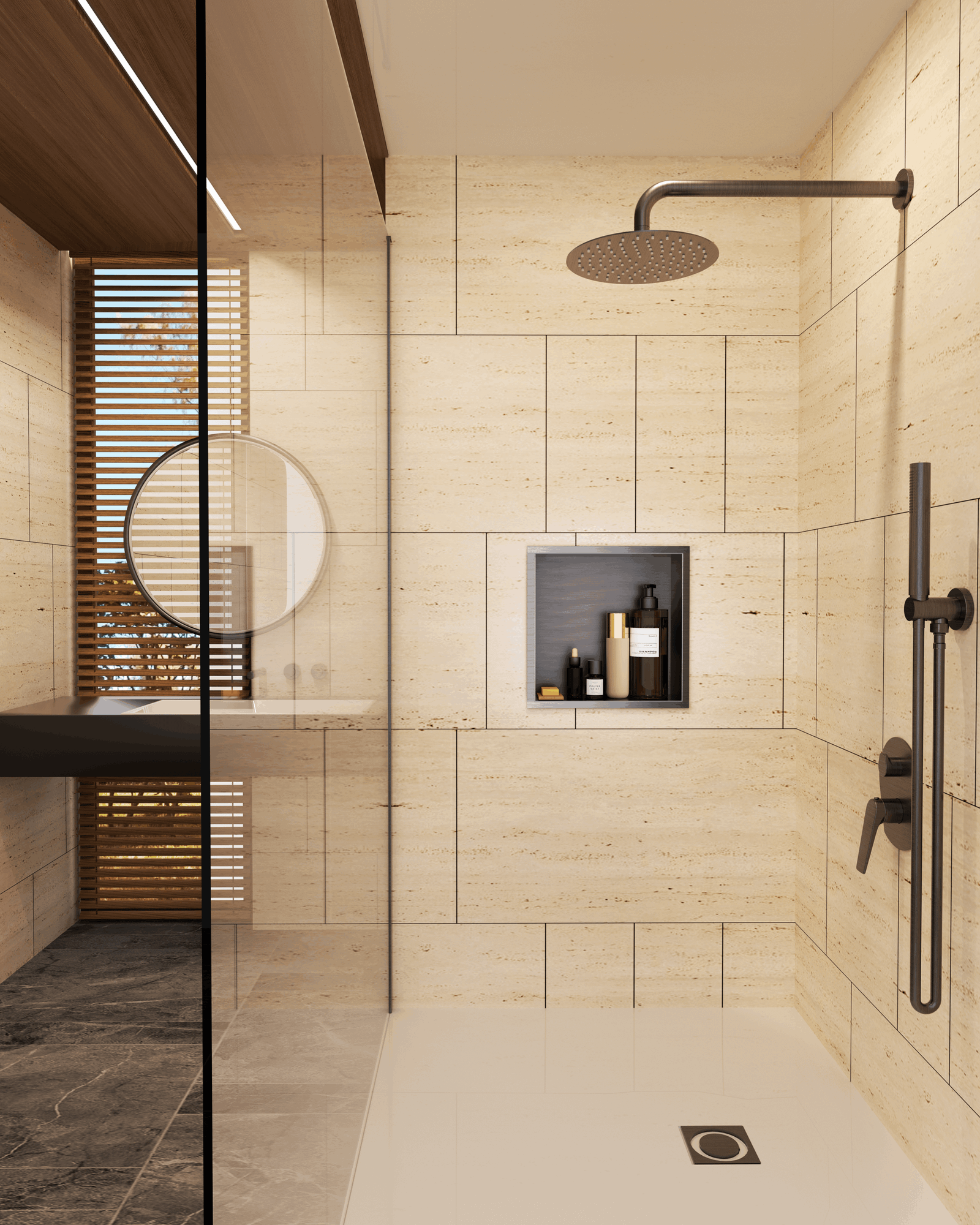 MEDIMEX Atlantic · escena orientativa de hornacina cuadrada instalada · grifería y decoración no incluidas