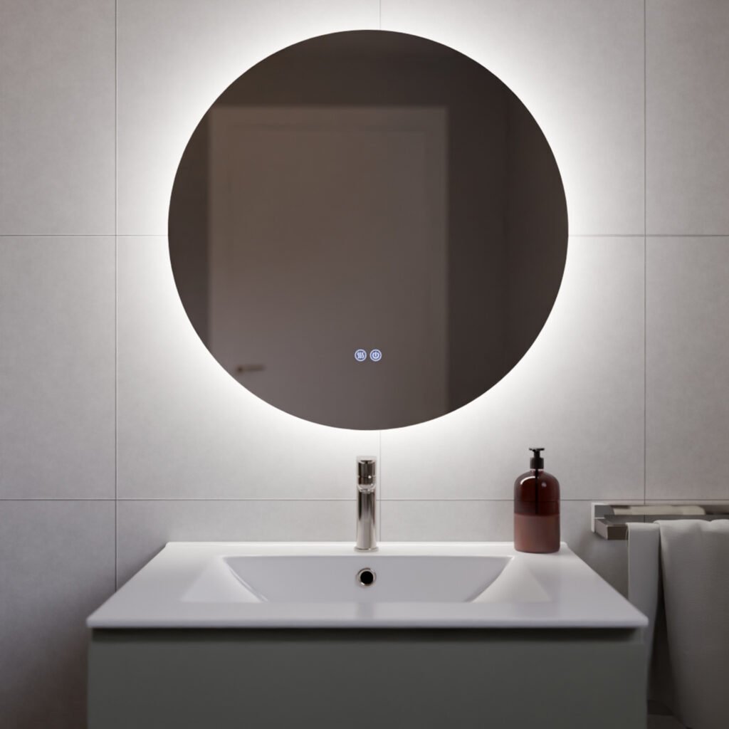 Espejo LED Dante de Fossil Natura iluminado e instalado sobre un lavabo