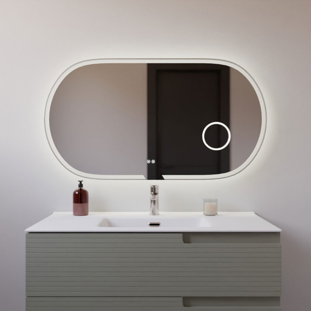 Espejo LED Carlo de Fossil Natura iluminado e instalado sobre un lavabo