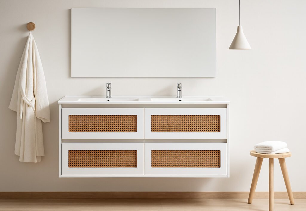 Calima · conjunto de 120 cm Blanco Yute con doble lavabo. Mueble y lavabo incluidos; espejo, grifería, iluminación y decoración no incluidos.