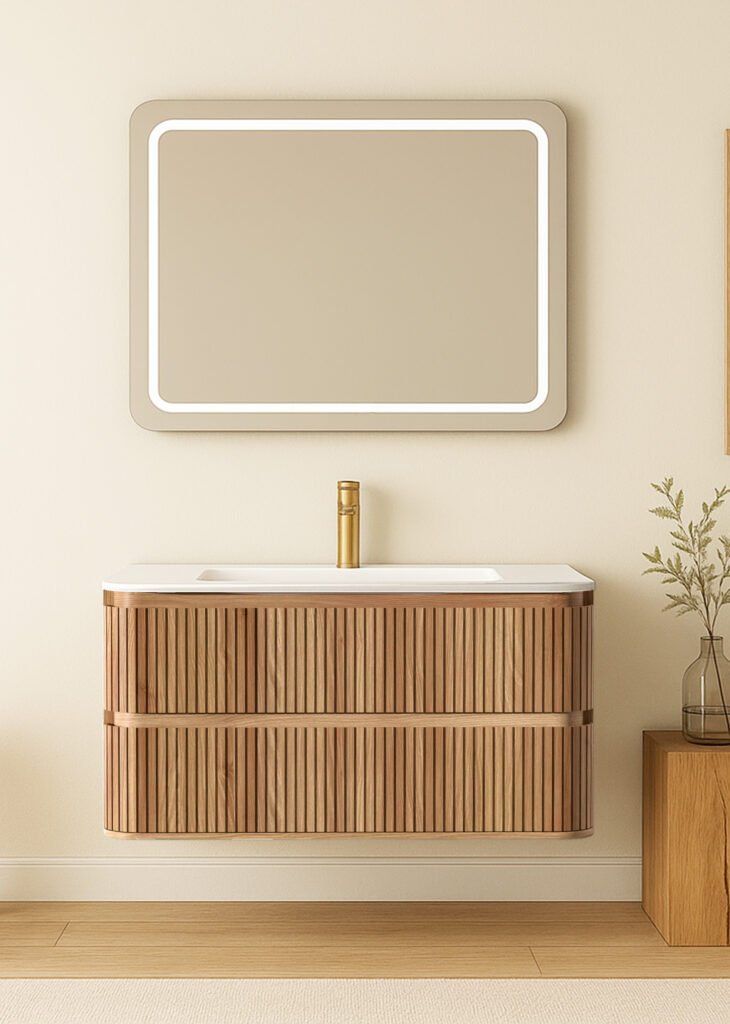 Conjunto Fiji Acacia de 100 cm con mueble de dos cajones y lavabo de un seno; espejo, grifería y decoración no incluidos.