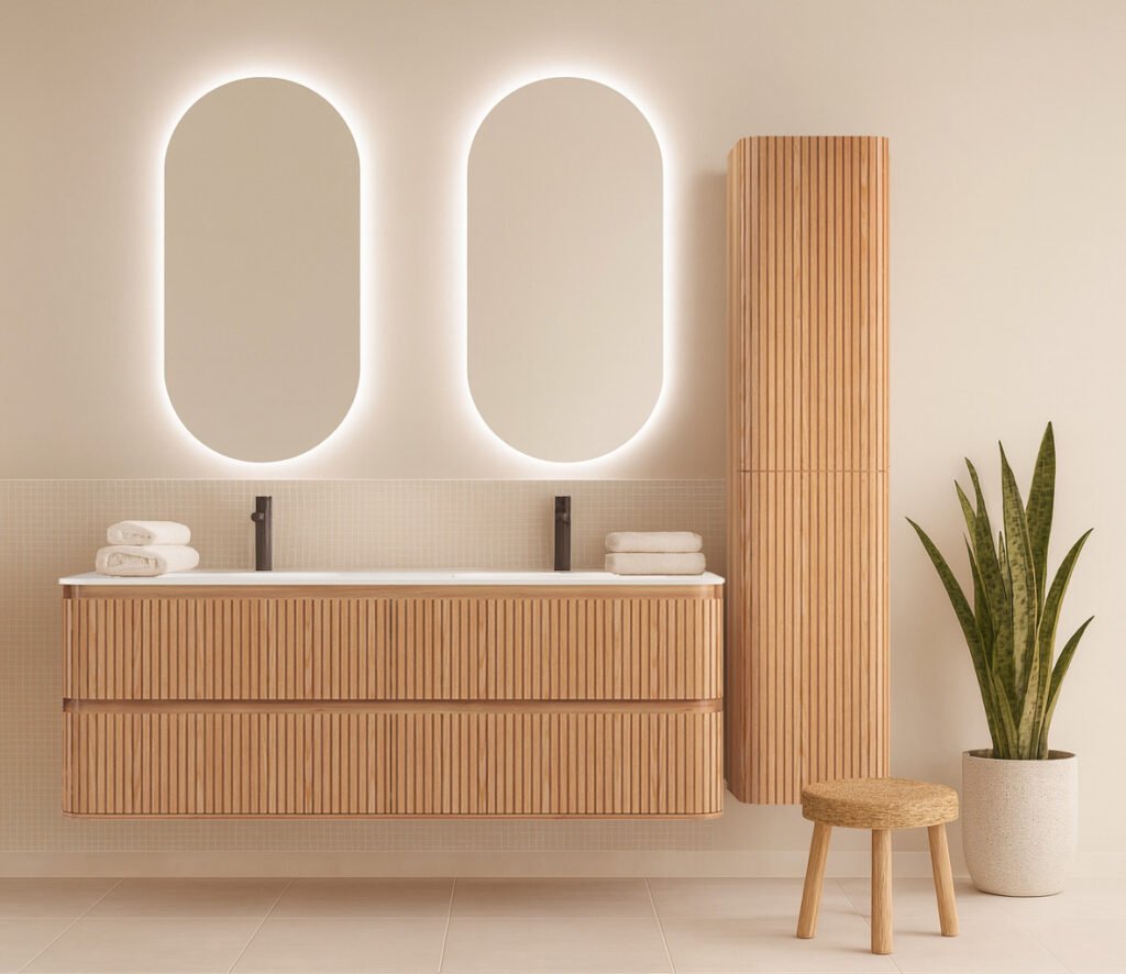 Ambiente de la colección Fiji Acacia con conjunto de lavabo doble y columna de dos puertas a la derecha; cada ficha indica el producto incluido.