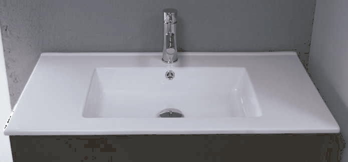 Vista del lavabo integral Top de porcelana de la tarifa Ikebe; mueble y grifería de contexto no incluidos.