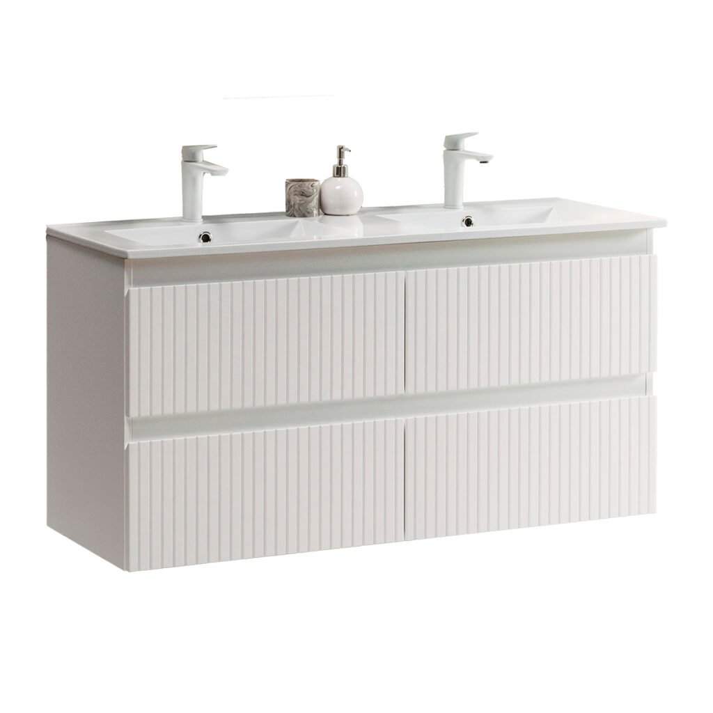Conjunto suspendido Manhattan de 120 cm Blanco, cuatro cajones con relieve vertical y lavabo cerámico blanco de dos senos integrados.