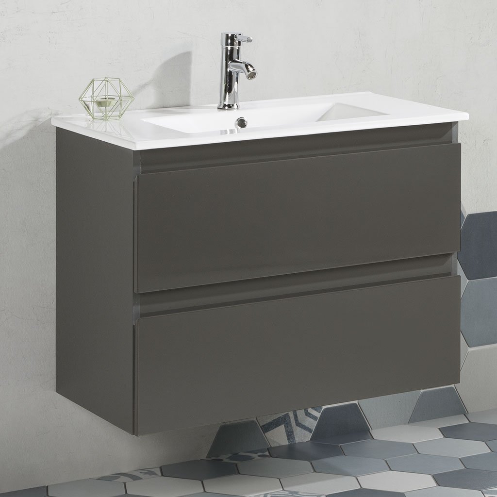 Vista de familia del conjunto suspendido Metrópolis de 80 cm Gris, dos cajones cerrados y lavabo blanco de un seno rectangular.