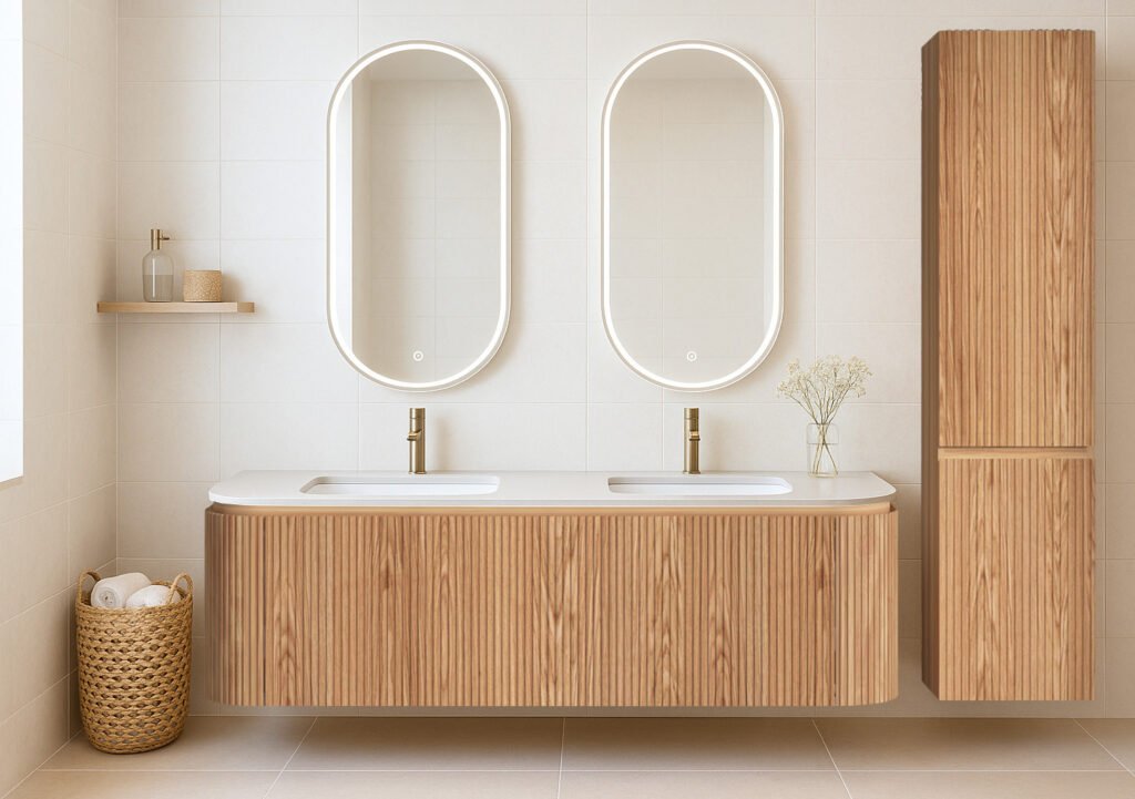 Conjunto de baño Bali Acacia de 150 cm con mueble de cuatro cajones y lavabo de dos senos; espejos, columna y grifería no incluidos.