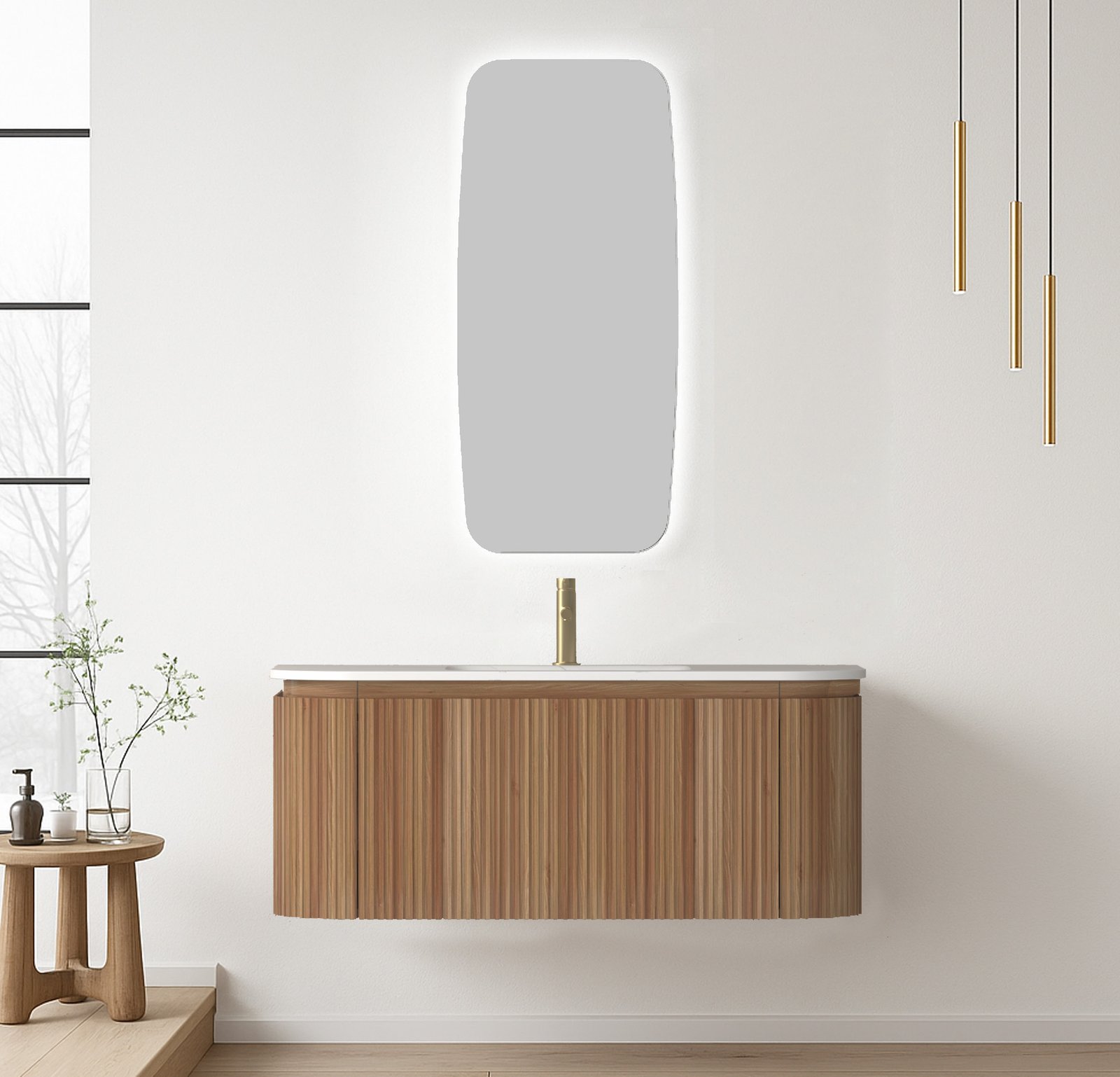 Conjunto de baño Bali Acacia de 100 cm con mueble de tres cajones y lavabo de un seno; espejo, grifería y decoración no incluidos.