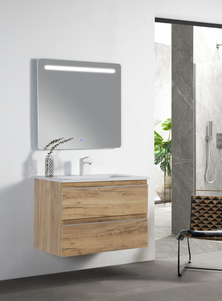 Conjunto City de 80 cm en Roble Rústico: mueble de dos cajones y lavabo cerámico blanco brillo. Espejo, grifería y otros accesorios del ambiente no incluidos.