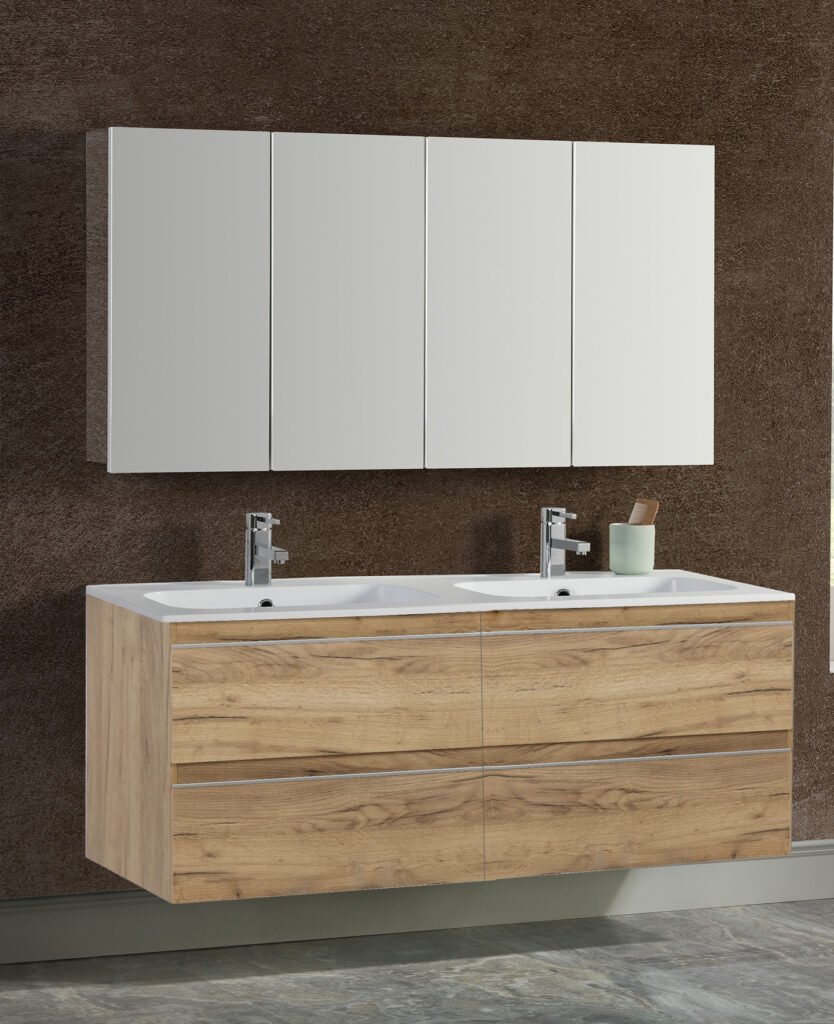 Conjunto City de 120 cm en Roble Rústico: mueble de cuatro cajones y lavabo cerámico blanco brillo de dos senos. Espejo, grifería y otros accesorios del ambiente no incluidos.