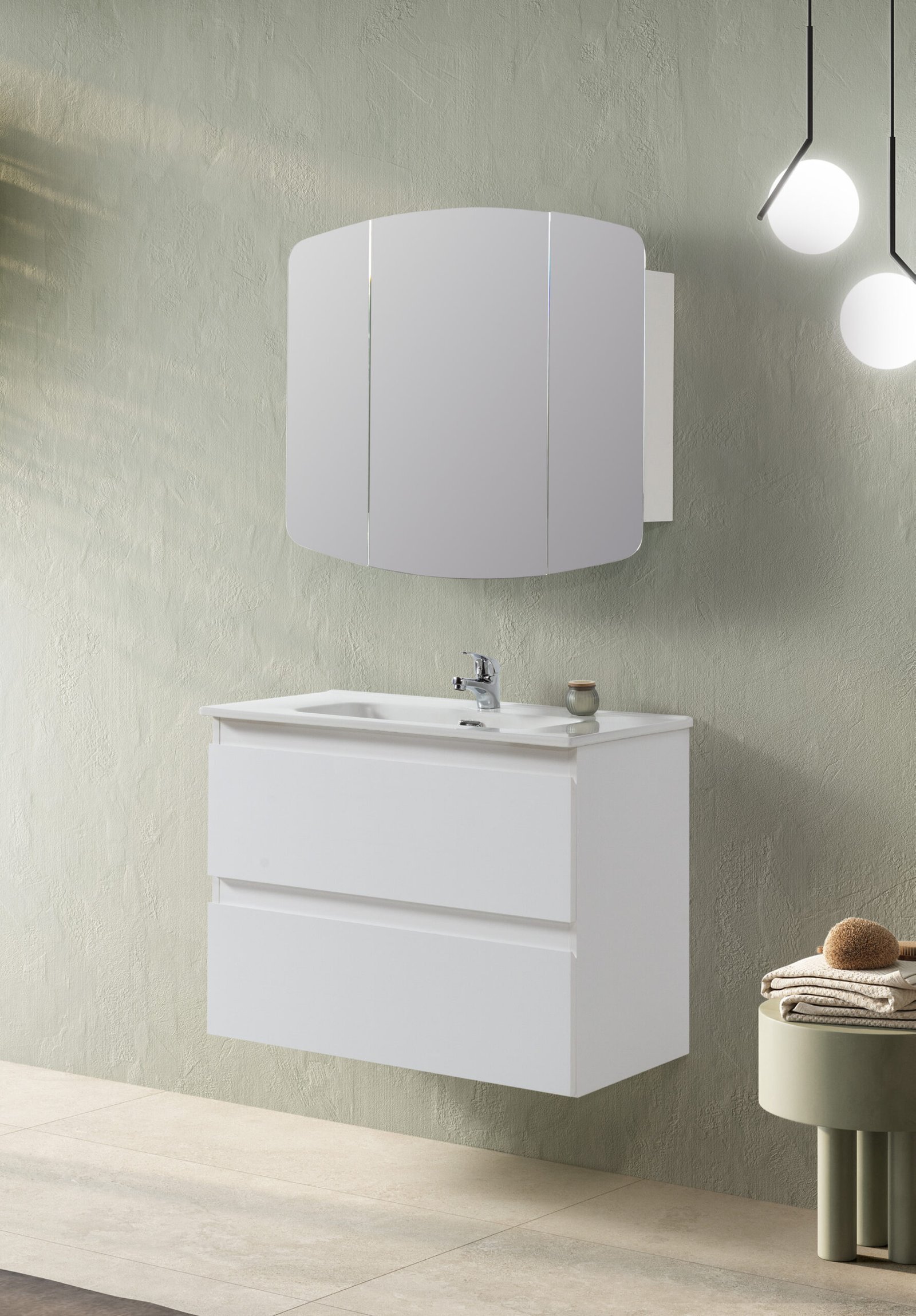 Conjunto suspendido Metrópolis de 80 cm Blanco, con dos cajones cerrados y lavabo blanco integrado de un seno.