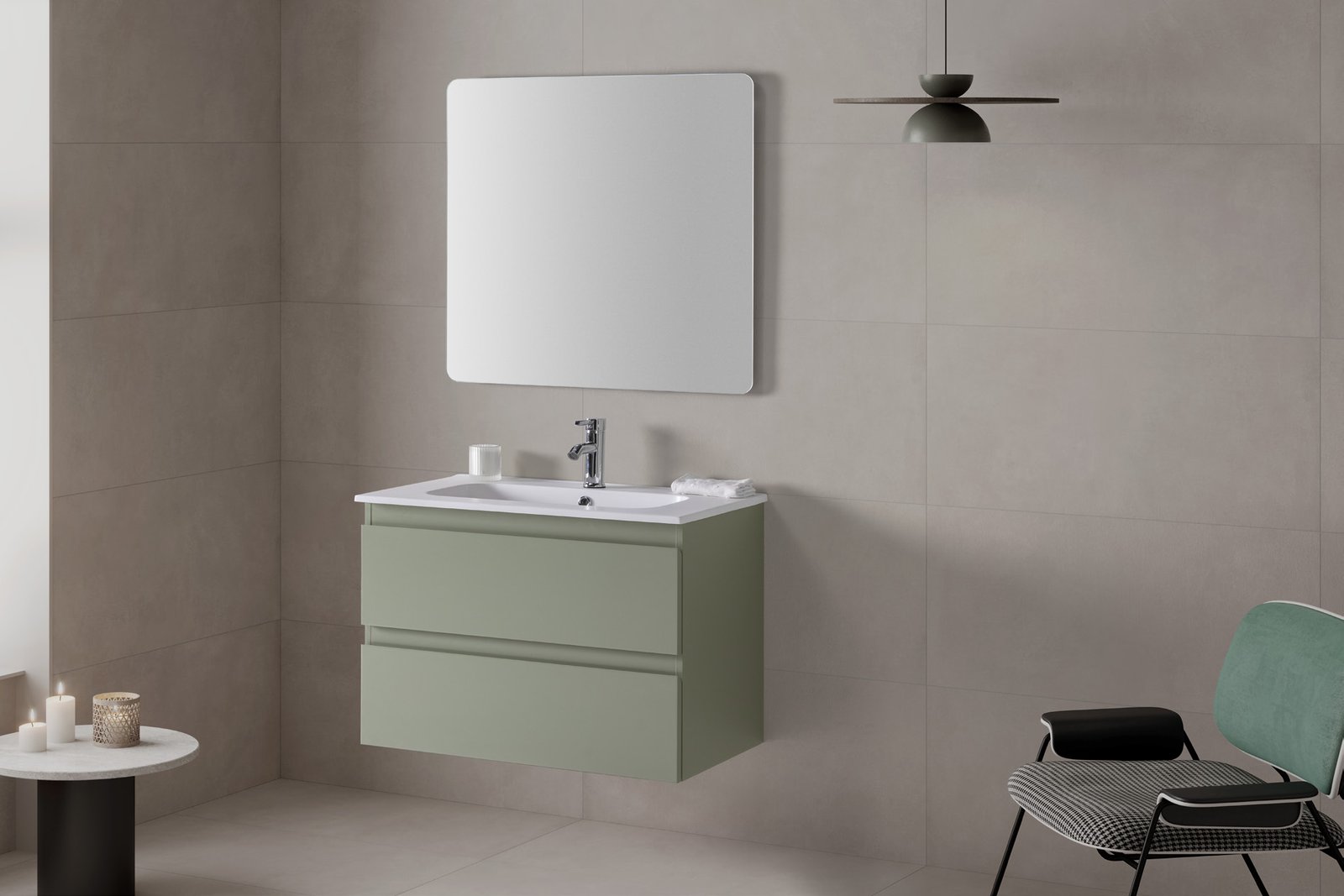 Conjunto suspendido Metrópolis de 80 cm Verde Oliva, con dos cajones cerrados y lavabo blanco integrado de un seno.