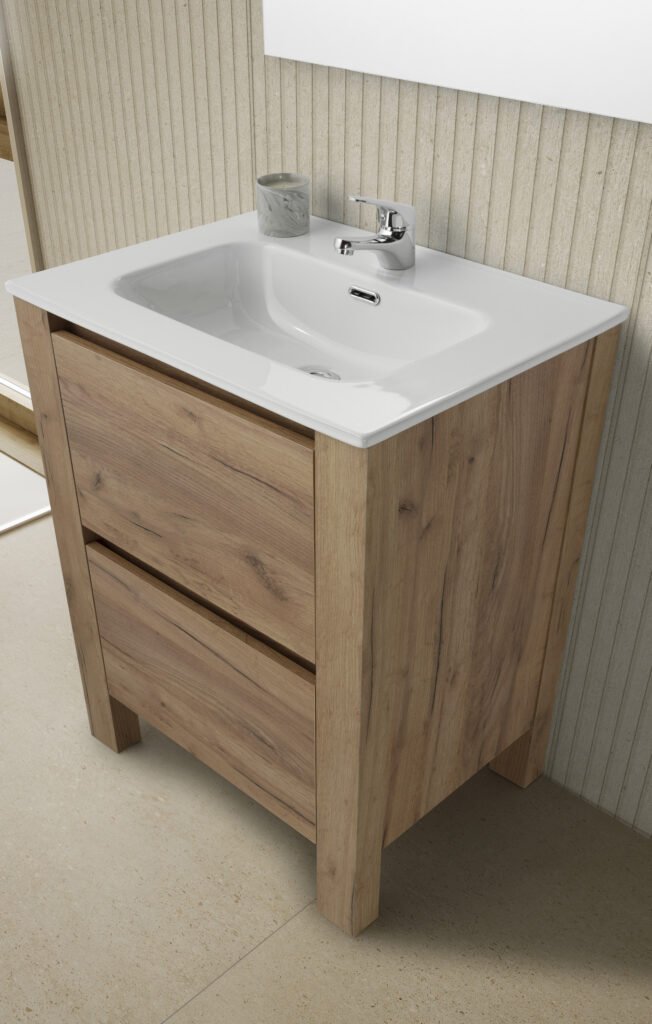 Venus · conjunto de 60 cm Roble Rústico con lavabo. Mueble y lavabo incluidos; espejo, grifería, iluminación y decoración no incluidos.