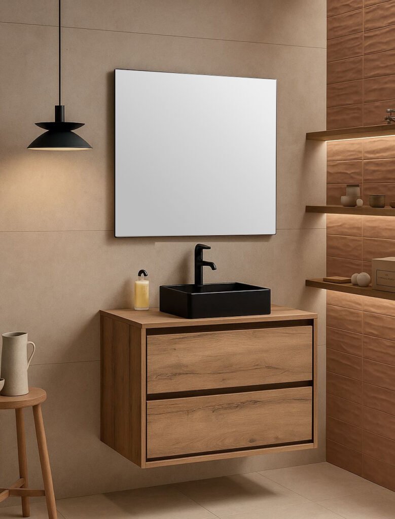 Conjunto África de 80 cm en Roble Sanctuary con mueble de dos cajones, tapa y lavabo cuadrado Negro mate. Espejo, grifería, iluminación y decoración no incluidos.