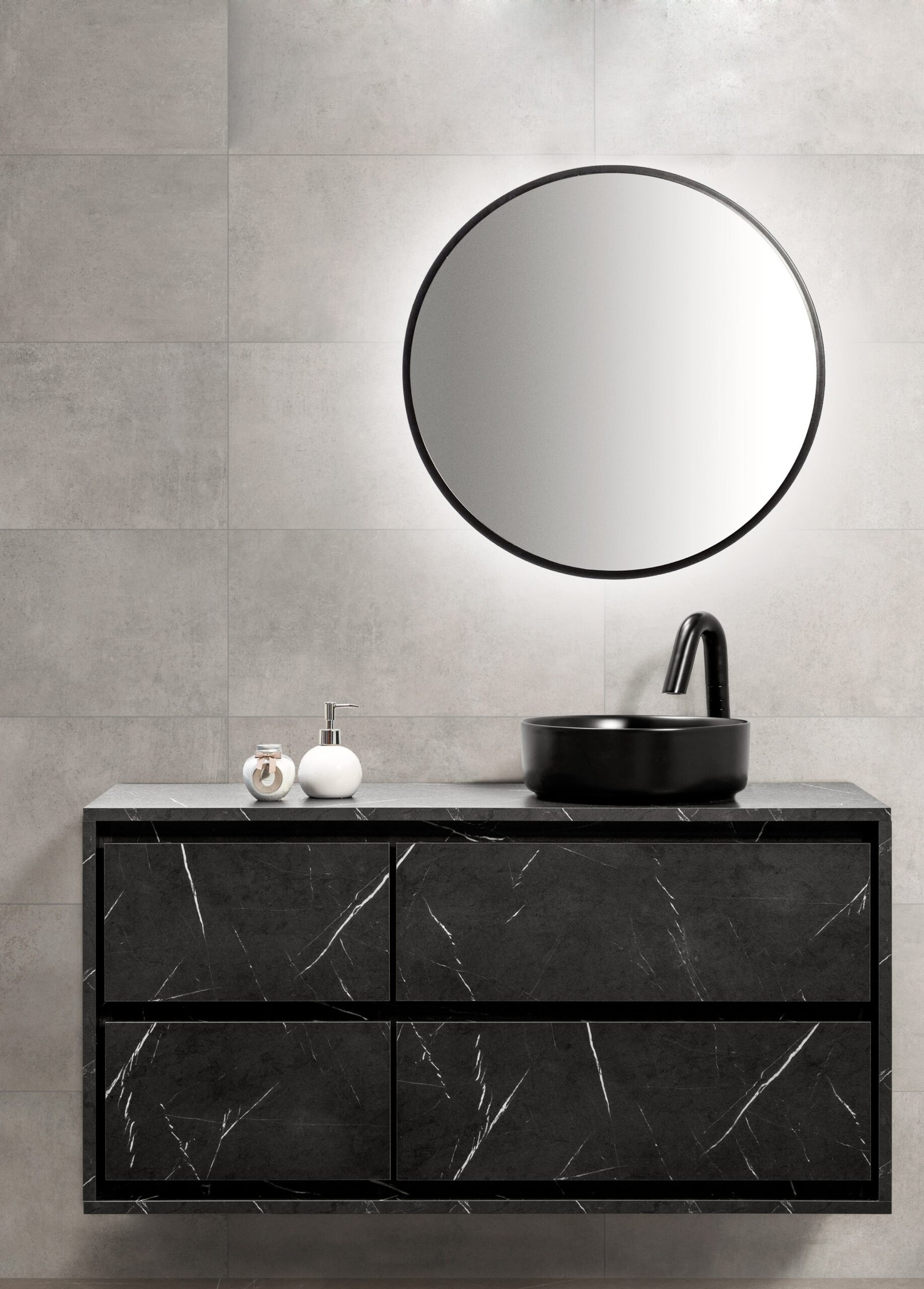 Conjunto Haití de 120 cm en Negro efecto mármol, con cuatro cajones, tapa y un lavabo circular negro.