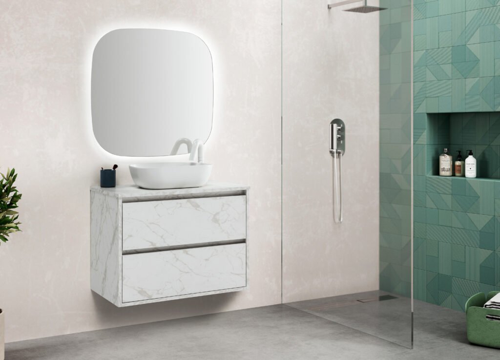 Conjunto Haití de 80 cm en Blanco efecto mármol, con dos cajones, tapa y un lavabo circular blanco.