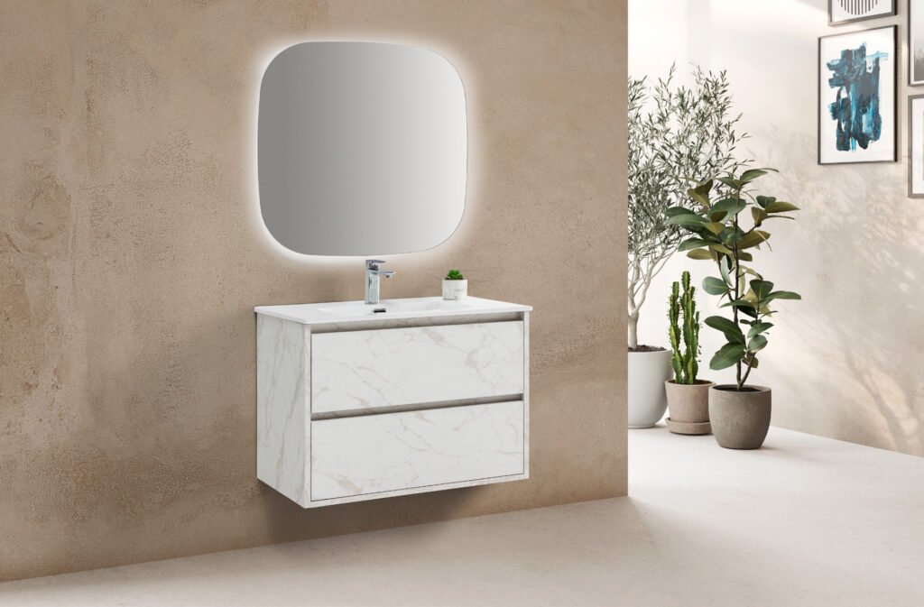 Conjunto Haití de 80 cm con mueble de dos cajones en acabado decorativo Blanco efecto mármol y lavabo cerámico Blanco brillo integrado. Espejo, grifería y decoración no incluidos.