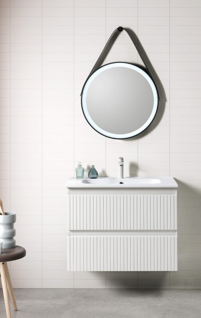 Mueble de baño Manhattan de 80 cm Blanco brillo, con dos cajones y lavabo cerámico blanco de un seno.