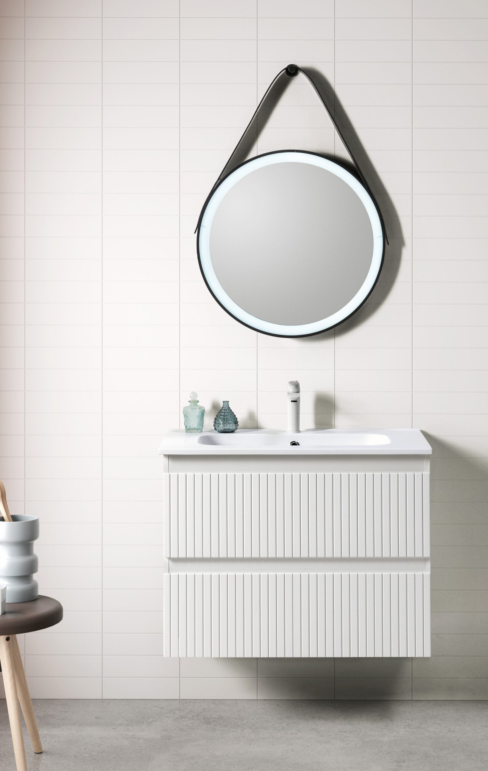 Mueble de baño Manhattan de 80 cm Blanco brillo, con dos cajones y lavabo cerámico blanco de un seno.