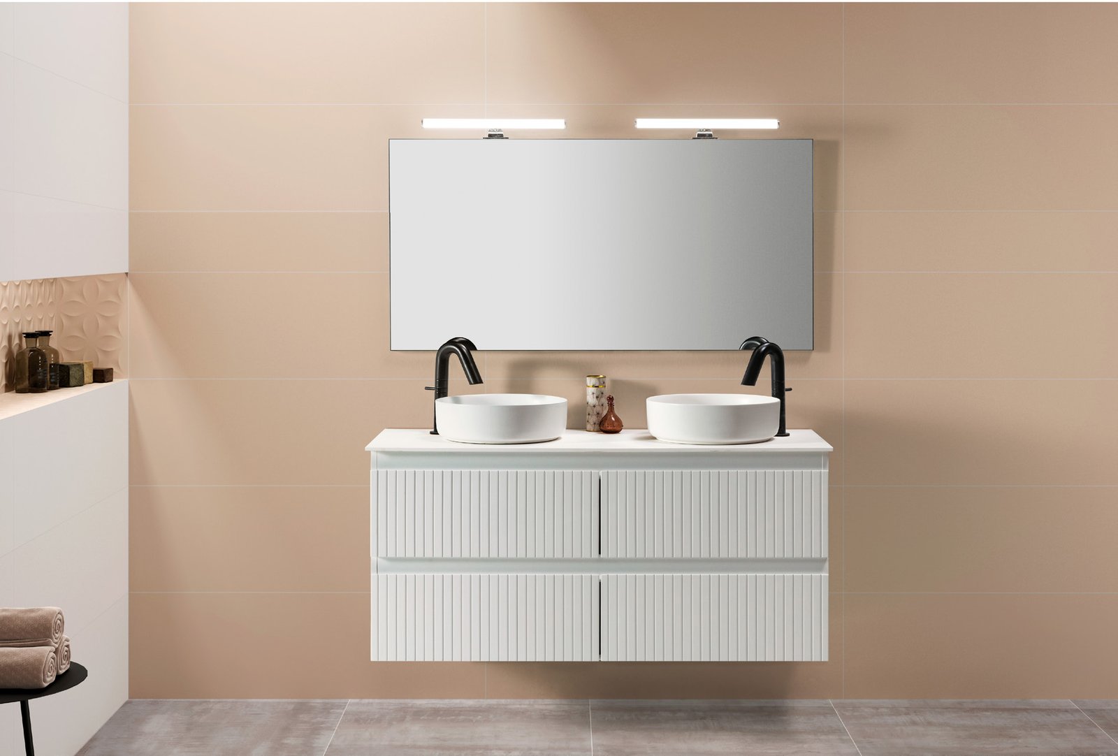 Conjunto Manhattan de 120 cm Blanco, cuatro cajones, tapa y dos lavabos circulares blancos de sobreponer.