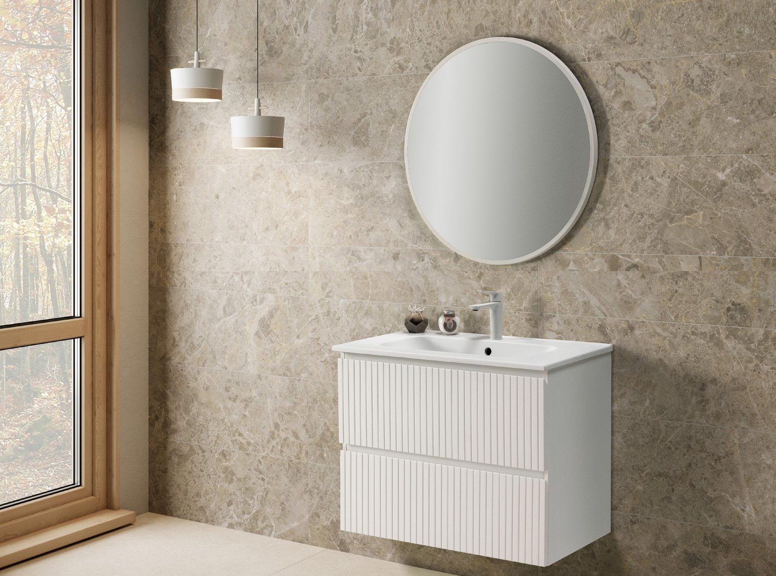 Vista de ambiente del conjunto Manhattan de 80 cm Blanco brillo, con dos cajones y lavabo cerámico blanco.