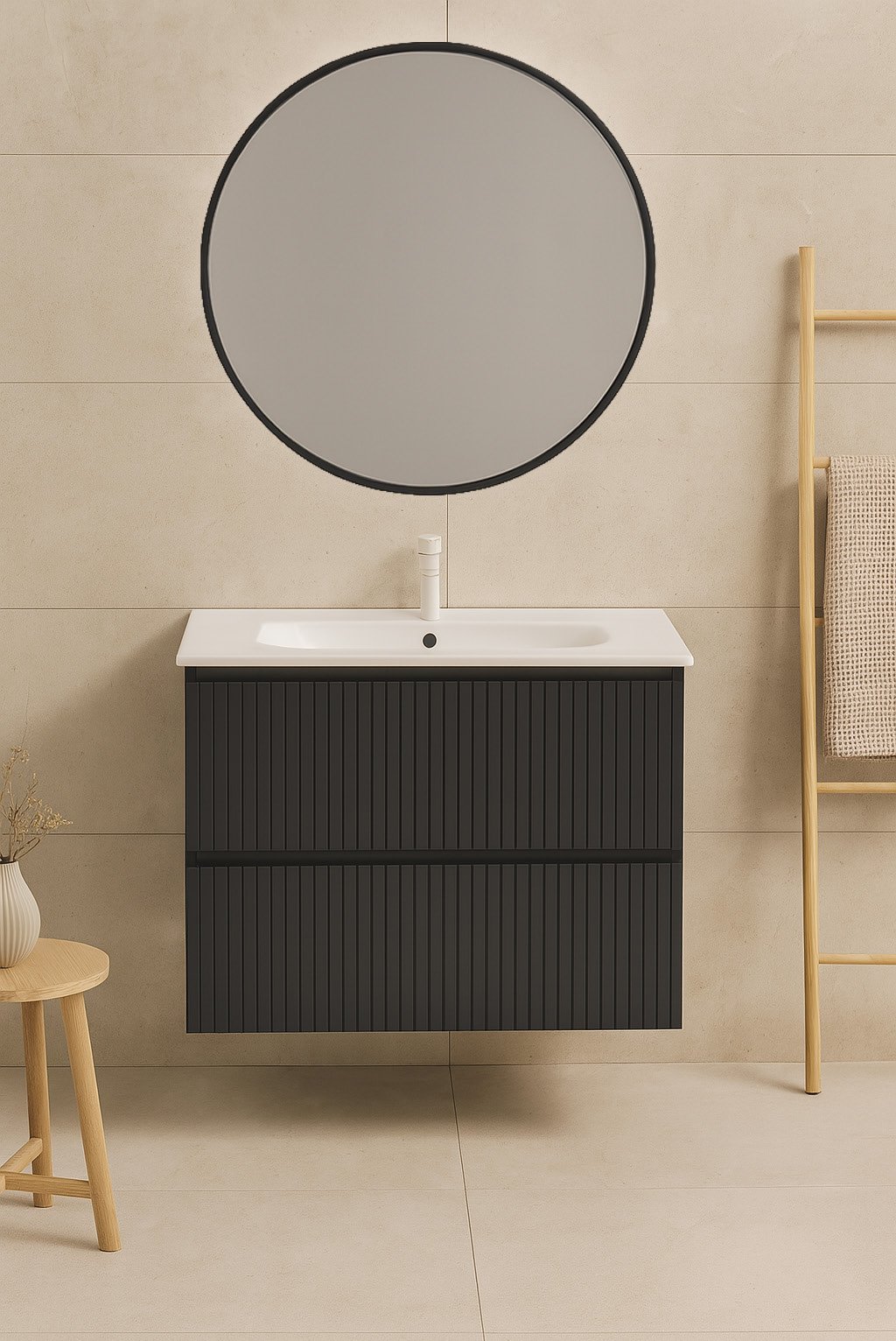 Mueble de baño Manhattan de 80 cm Gris brillo, con dos cajones y lavabo cerámico blanco de un seno.