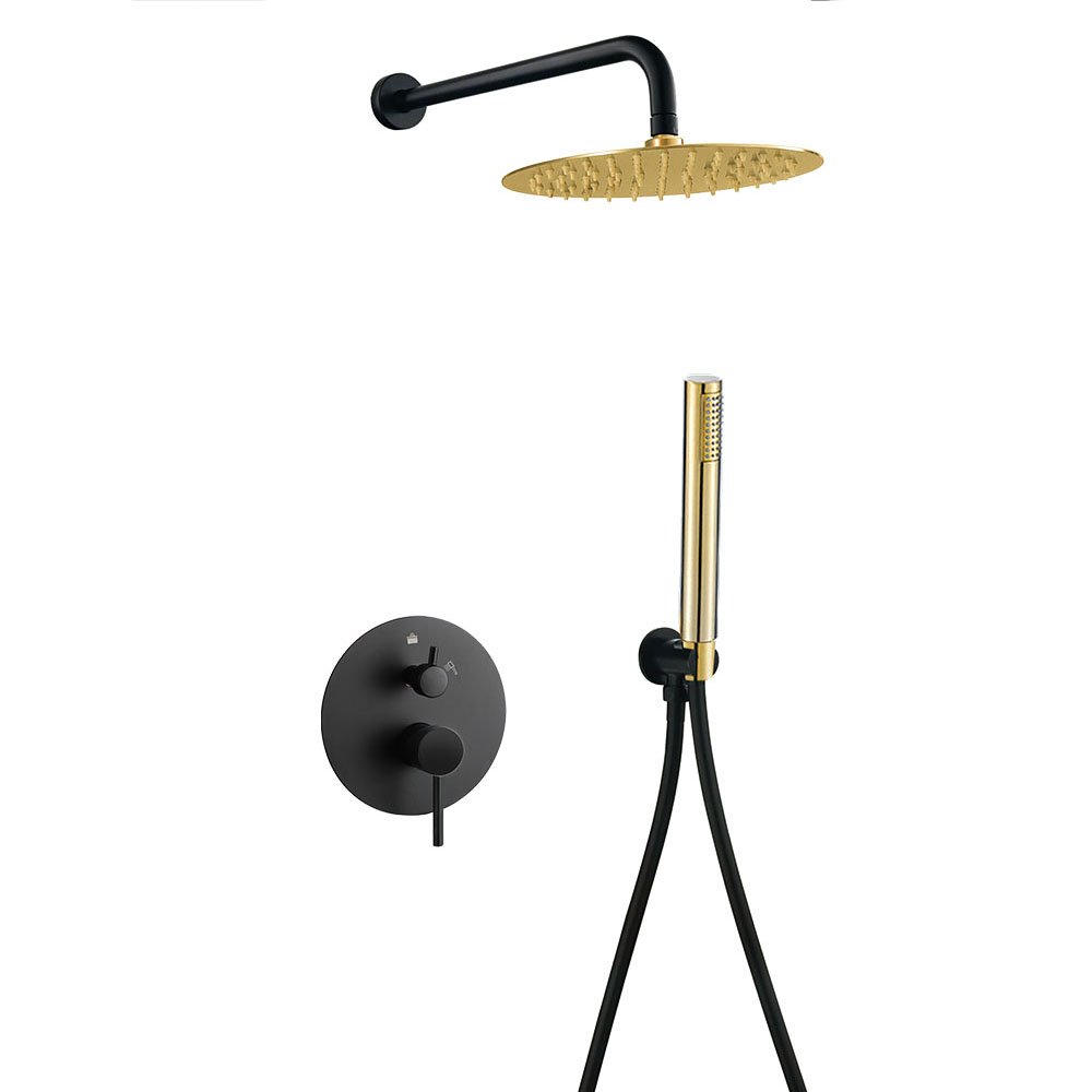 Round Black Oro · equipo de ducha empotrado de pared · Negro y oro