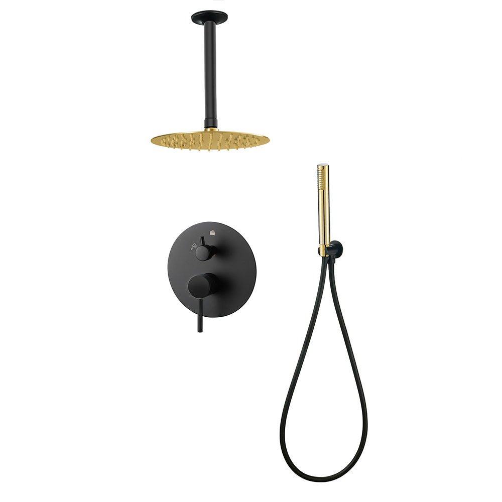 Round Black Oro · equipo de ducha empotrado de techo · Negro y oro