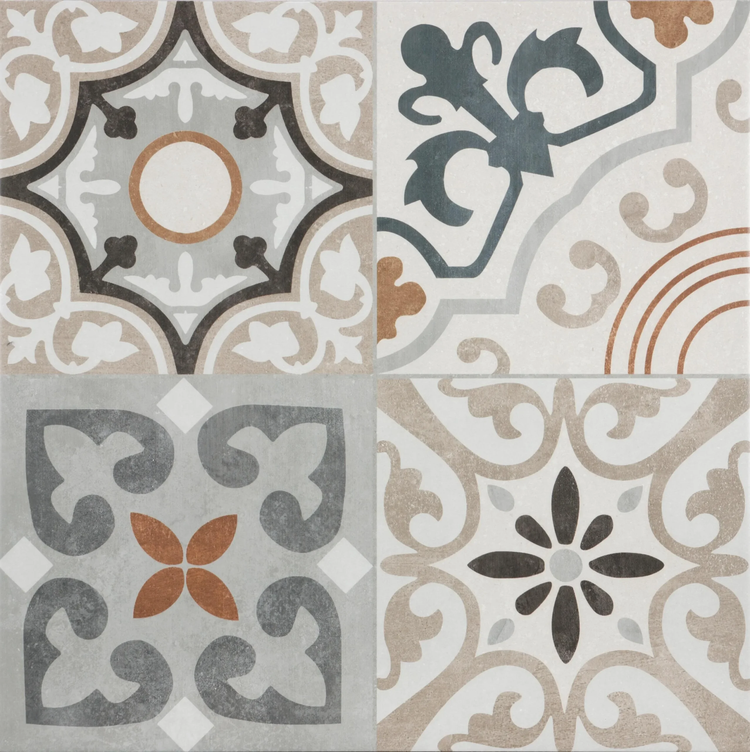 Muestra del suelo porcelánico Belice de 45 × 45 cm, con motivos de inspiración hidráulica en tonos claros, grises y tierra.