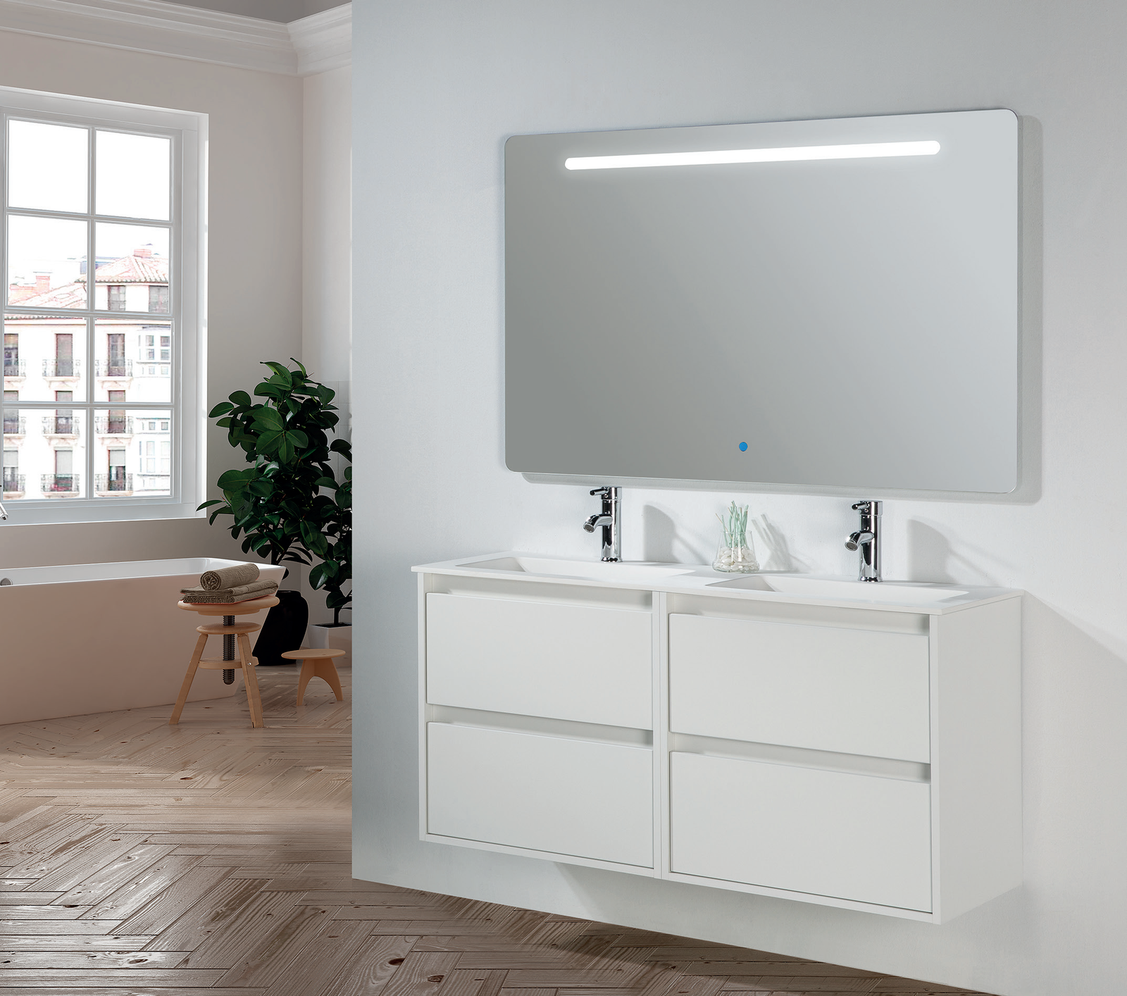 Conjunto Melanie suspendido de 120 cm en Blanco mate, con dos módulos de 60 cm, cuatro cajones y lavabo doble blanco