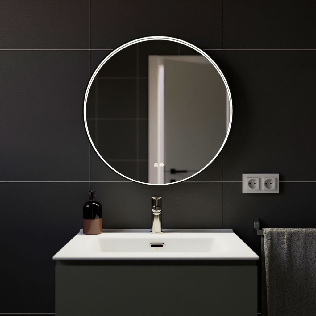 Espejo LED Bari de Fossil Natura con marco negro iluminado en un baño