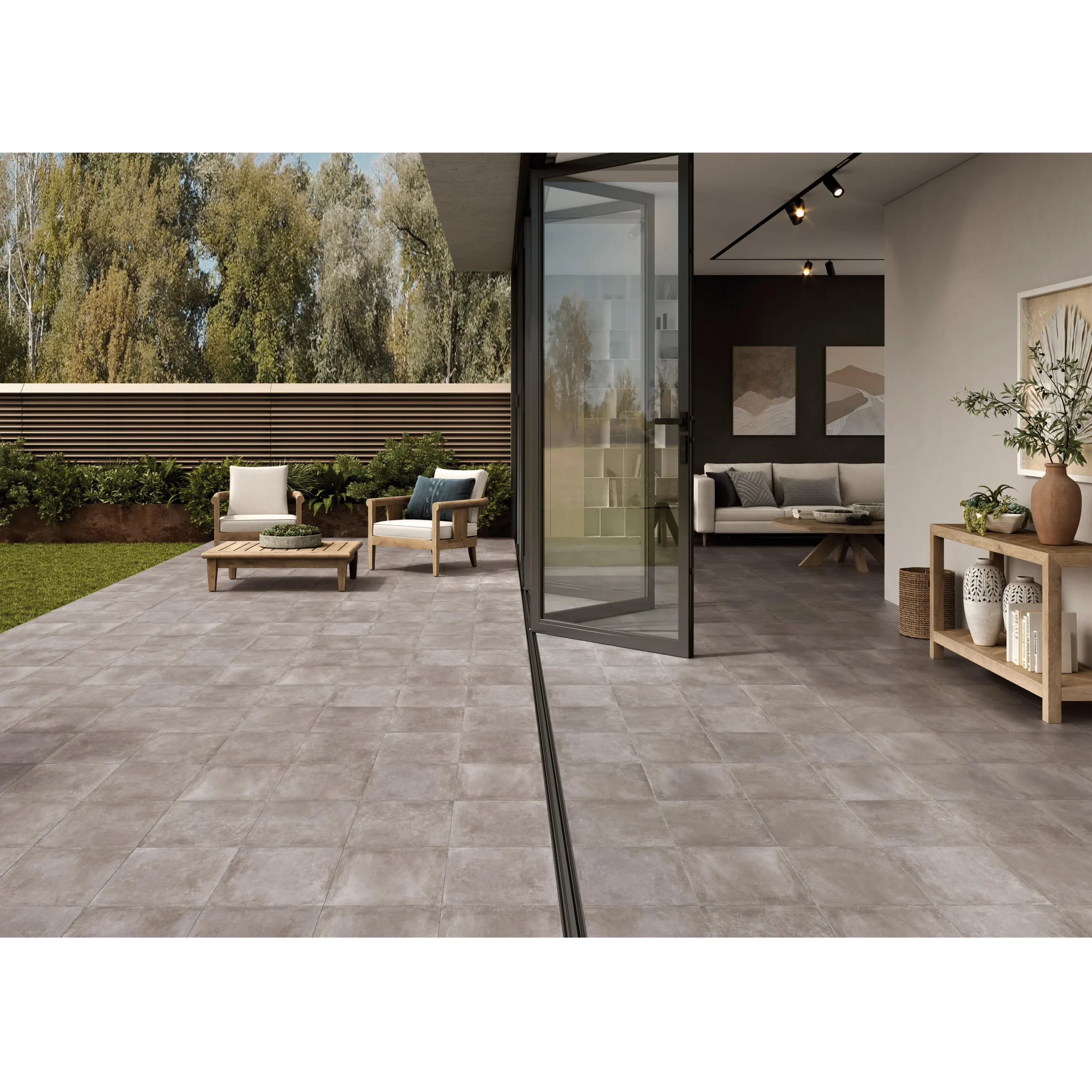 Baldosa exterior Terracina Gris 32,5 × 32,5 cm · ambiente de porche
