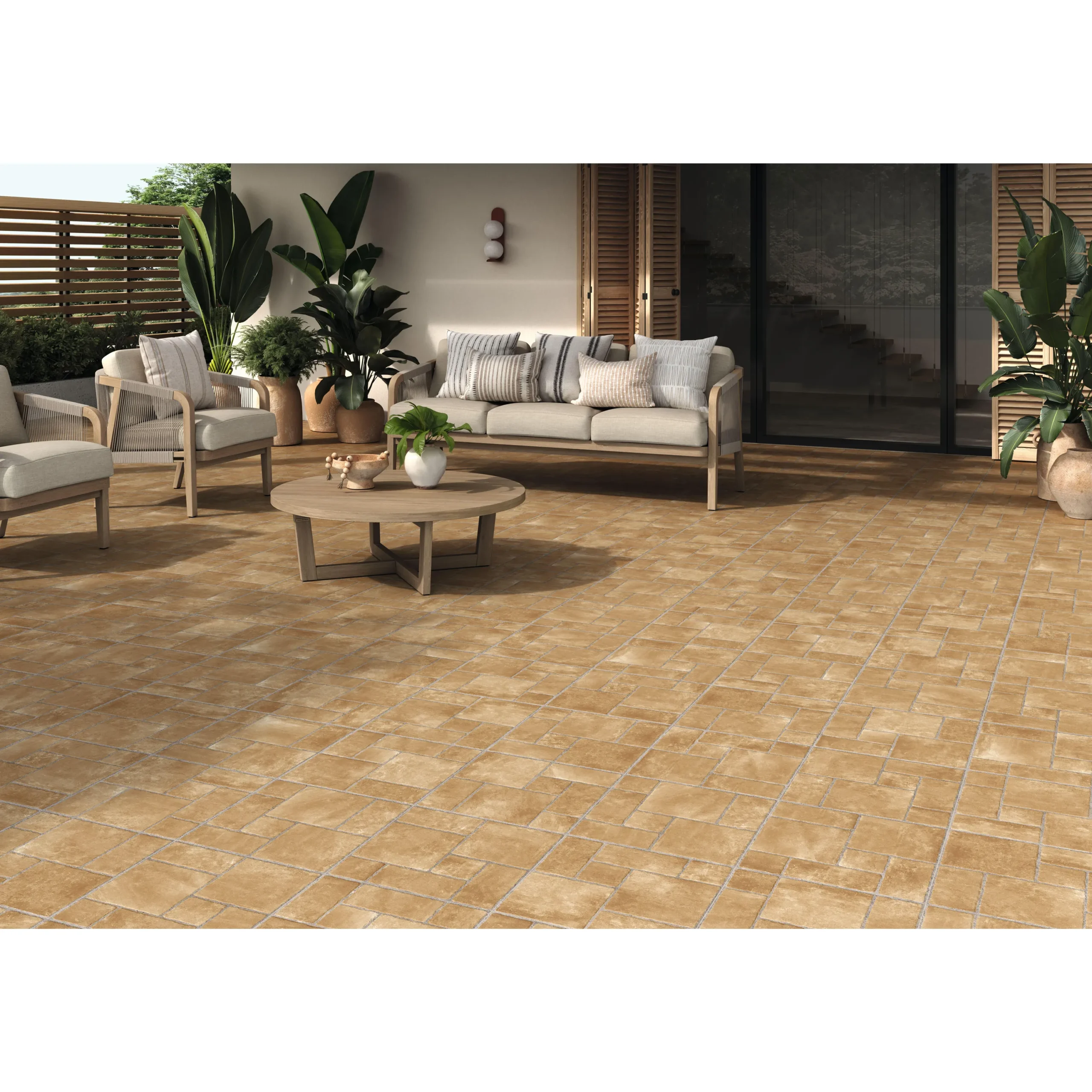 Baldosa exterior Vilanova 45 × 45 cm · ambiente de terraza
