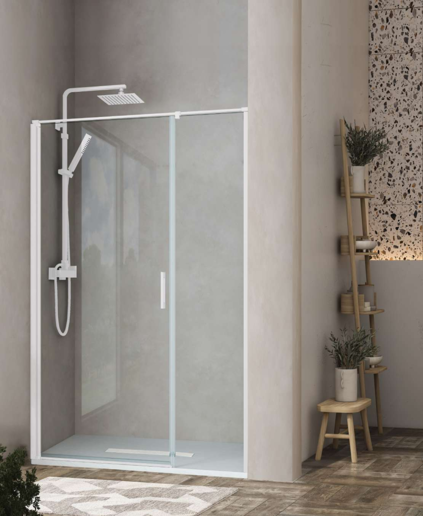 Mampara de ducha HELA con fijo y puerta abatible, perfil blanco y vidrio transparente