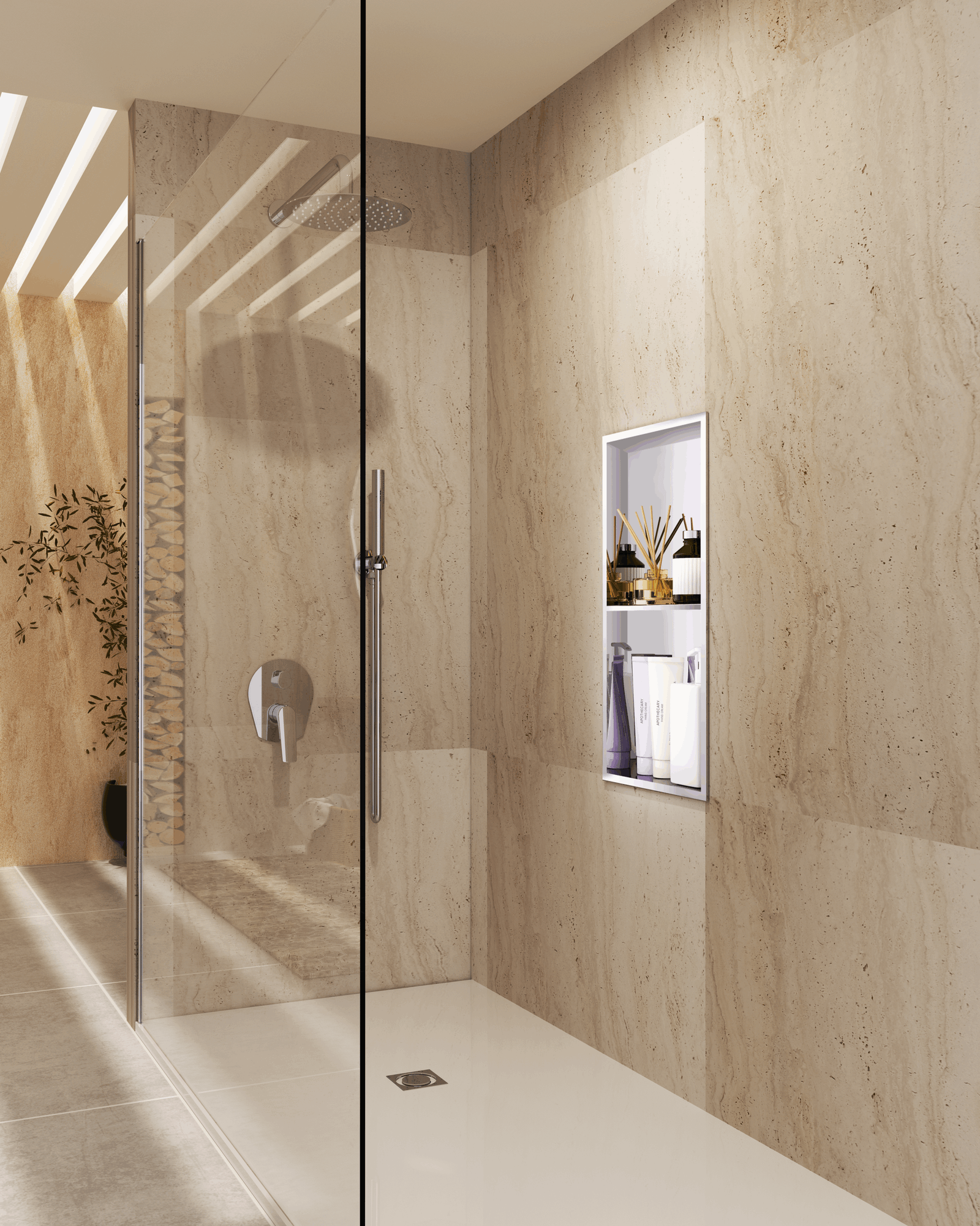 MEDIMEX Artic · escena orientativa de hornacina vertical instalada · grifería y decoración no incluidas