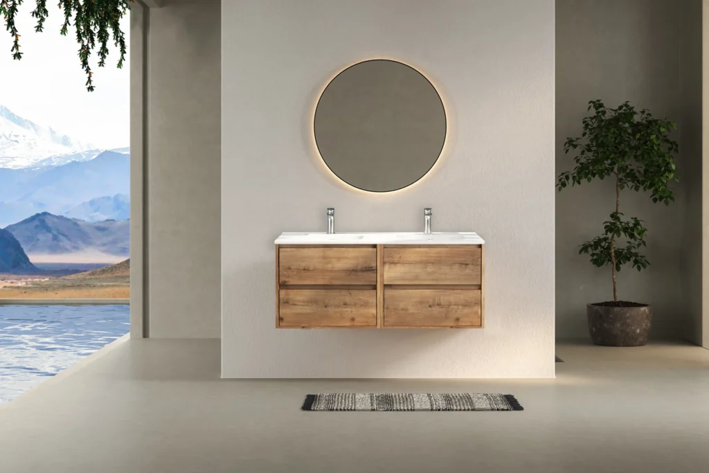 Ambiente oficial de Corfu: dos módulos de 60 cm, con dos cajones cada uno, y lavabo Toronto de 120 cm. Esta ficha suministra un módulo; lavabo según la opción seleccionada.