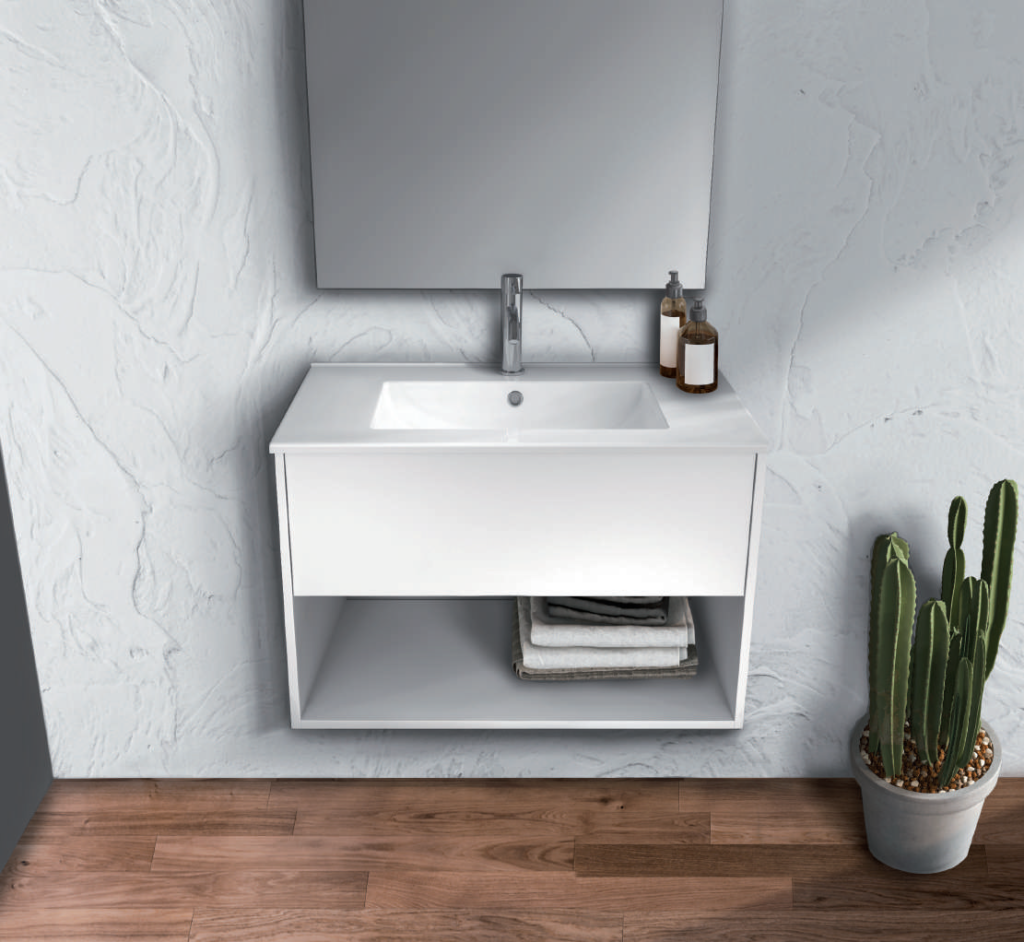 Mueble de baño CR-1 en blanco brillo con lavabo de porcelana; fotografía de ambiente, espejo y grifería no incluidos