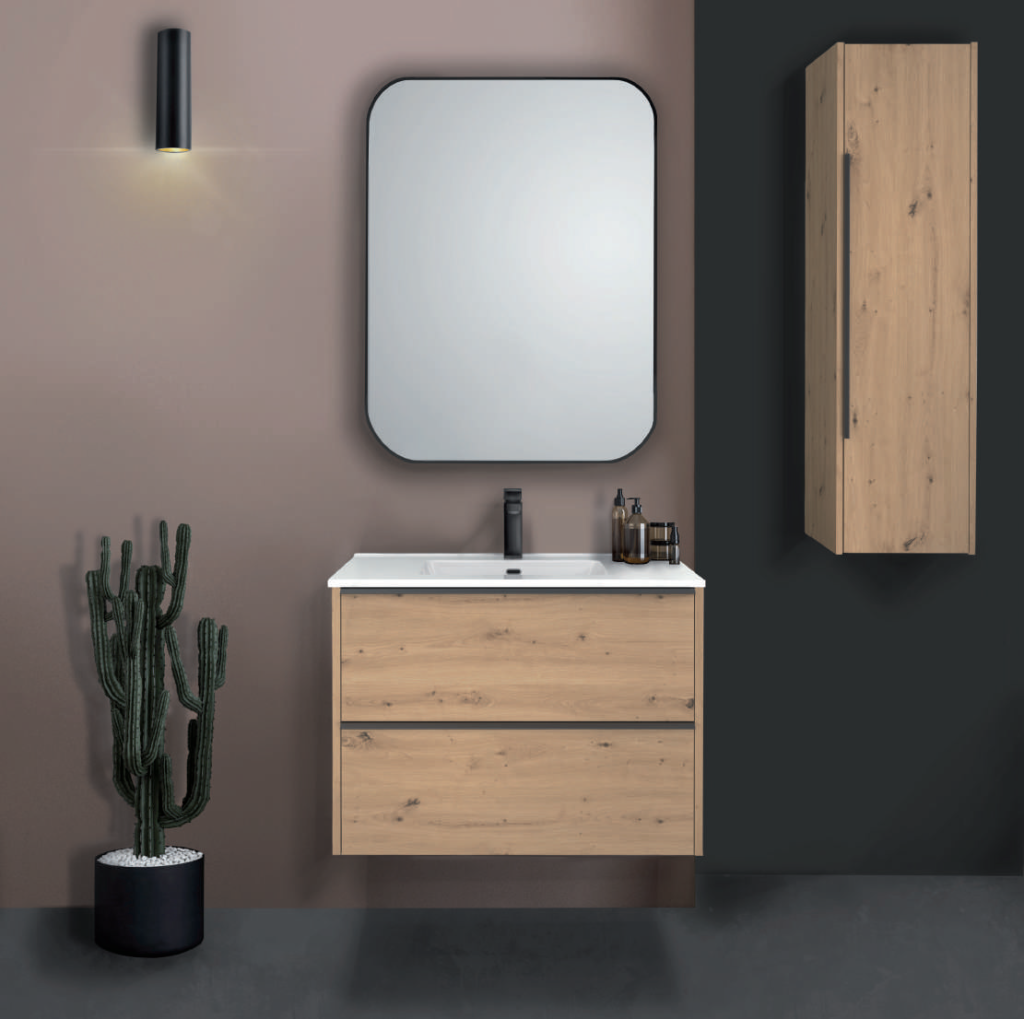 Ambiente de baño en roble con mueble DR-2, lavabo, espejo y armario auxiliar suspendido a la derecha. Cada ficha indica los elementos incluidos.