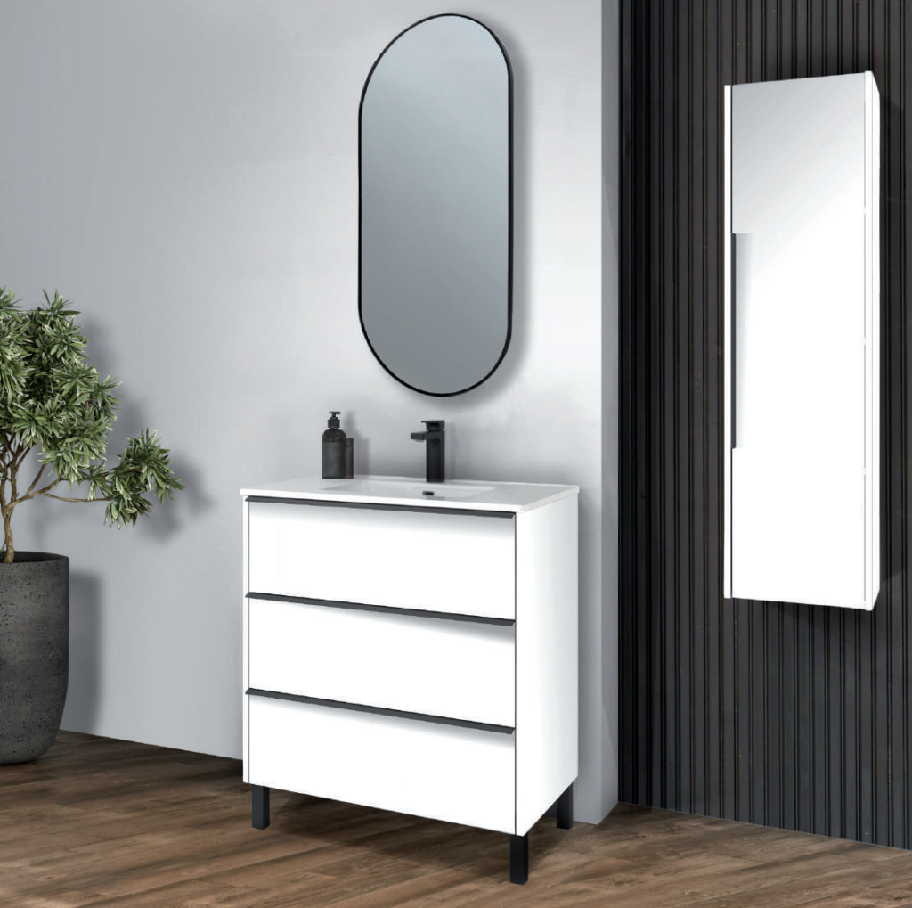 Ambiente de baño blanco mate con mueble de lavabo DR-3 y armario auxiliar suspendido a la derecha del espejo. Cada ficha indica los elementos incluidos.